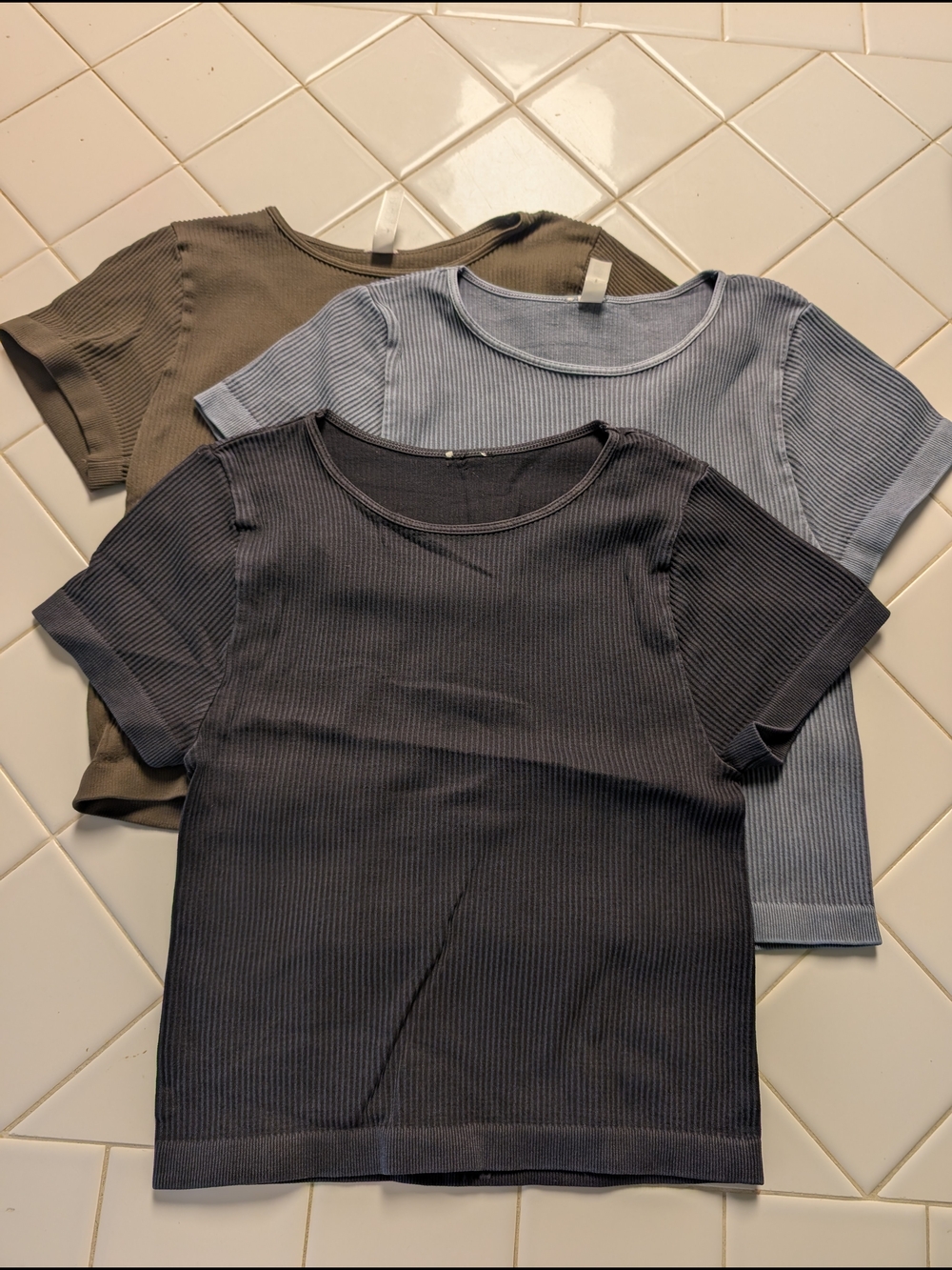 Nikibiki Ribbed Short Sleeve Tee Trio - Olive, Light Blue, Charcoal